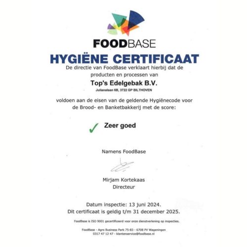 Hygiëne Certificaat bij topsedelgebak en topssecretijs in bilthoven , soest en zeist