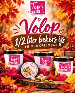 Het hele jaar 1/2 liter ijsbekers bij Top's Edelgebak en Top's SECRET IJS Bilthoven en Soest
